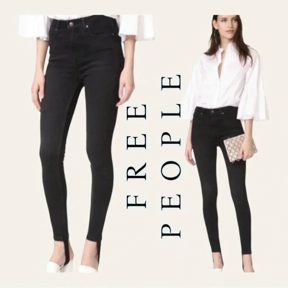 0496W. Free PEOPLE HIGH RISE STIRRUP SKINNY JEANS BLACK‎ WOMEN’S SIZE 27